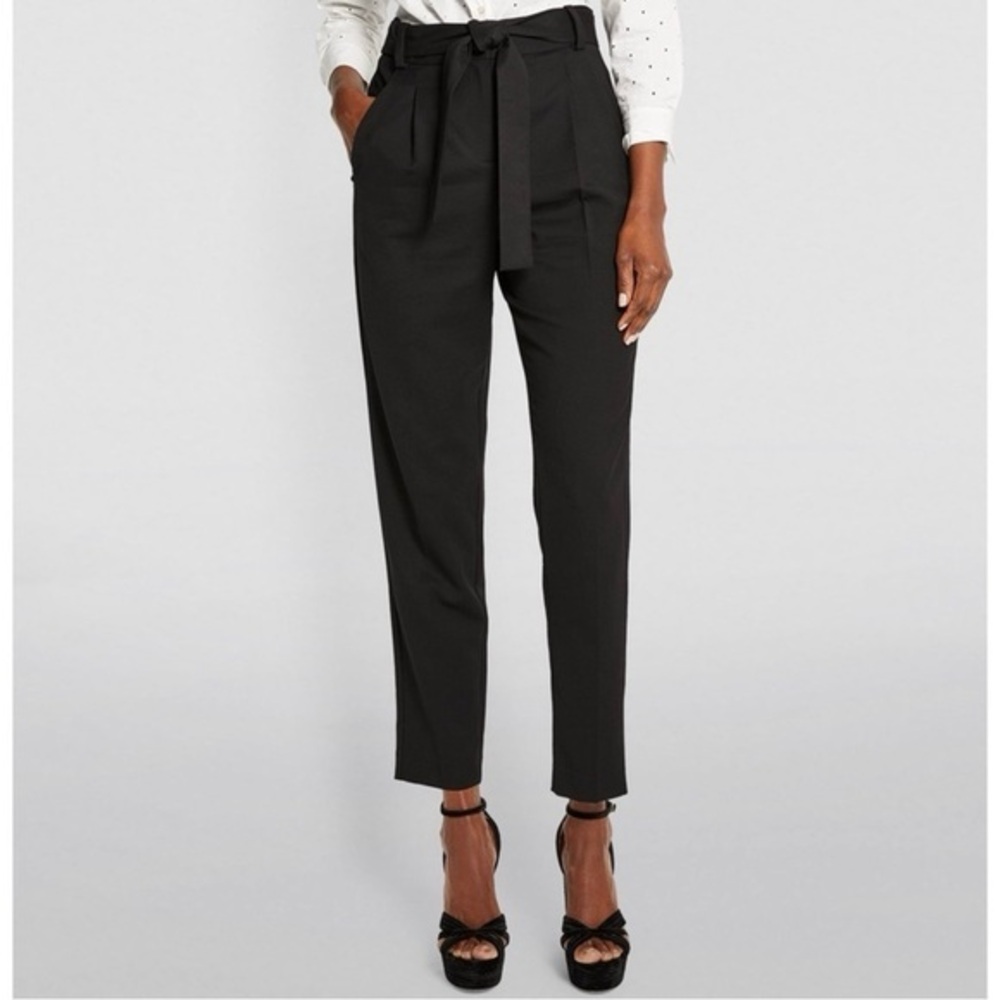 Maje Wool Blend Pleated Tie Waist High Rise Tapered Trouser Pant Black EU36/US S